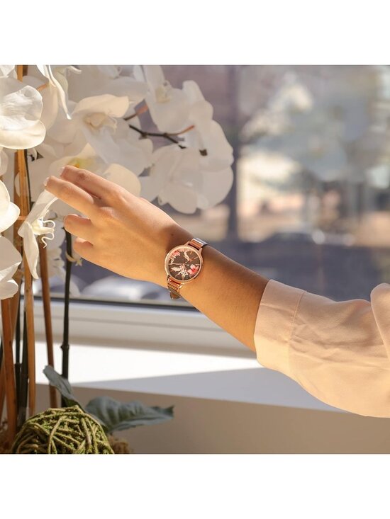 Nine West Womens Grey And Rose Gold Analog Quartz Floral Dial Smooth Strap Watch